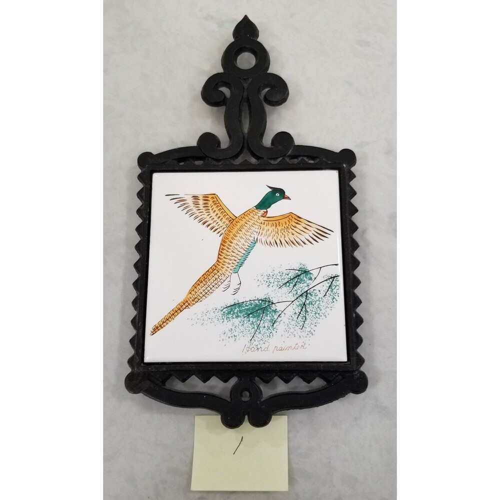 Vintage mcm pheasant trivet hand painted tile made in Japan cast iron
